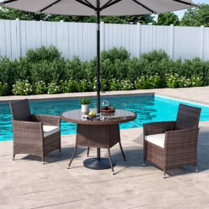 105cm Round/ Square Coffee Table Bistro Outdoor Garden Patio Tables & Parasol Hole Garden Dining Table Living and Home Round Brown