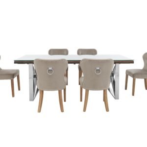 Chennai Dining Table with X-Leg Base and 6 Upholstered Dining Chairs in Taupe Chairs on Furniture Village