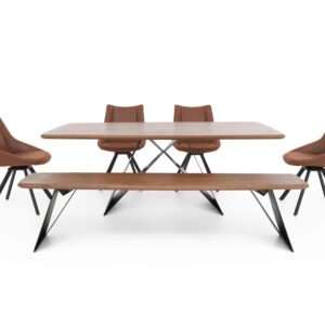 Lucio 200cm Dining Table with 200cm Dining Bench and 4 Faux Leather Swivel Dining Chairs in Brown on Furniture Village